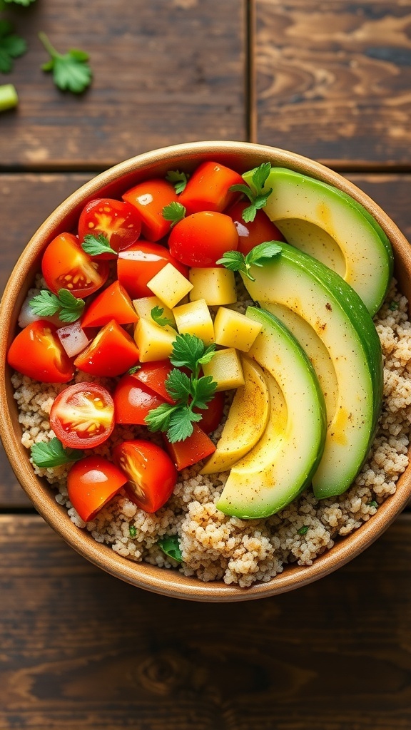 Healthy Quinoa Bowl Recipe A colorful quinoa bowl with tomatoes, cucumber, bell pepper, avocado, and herbs on a wooden table.